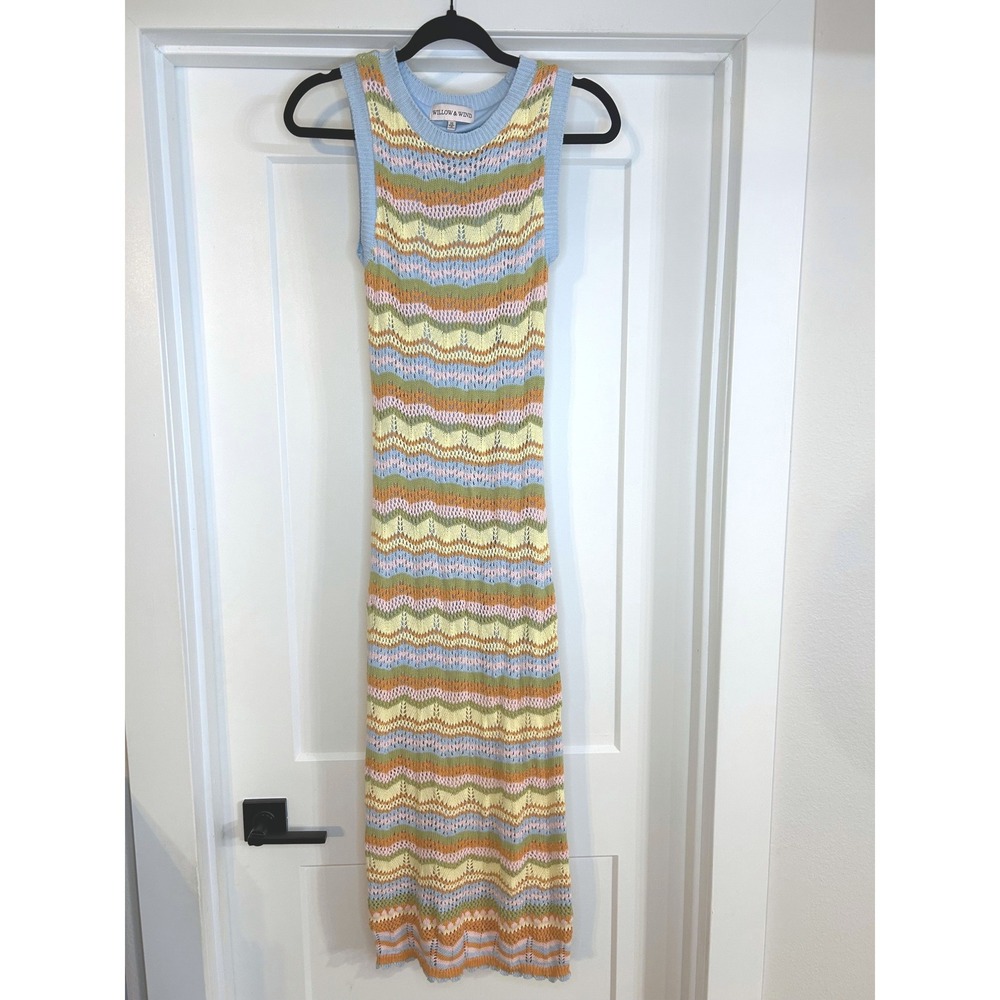 Willow & Wind Womens XS Pastel Maxi Lined Crochet Striped Boho Knit Cottagecore
